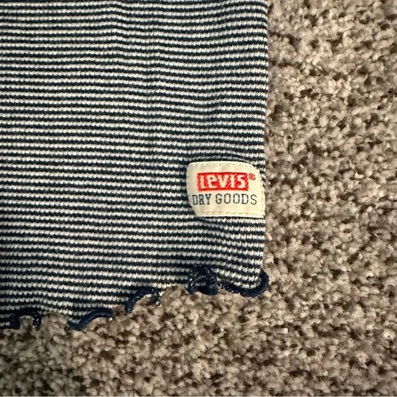 LEVIS S Navy Blue White Stripe V Neck Tee Lettuce Edge Sleeves Bow R $34 - Picture 8 of 11